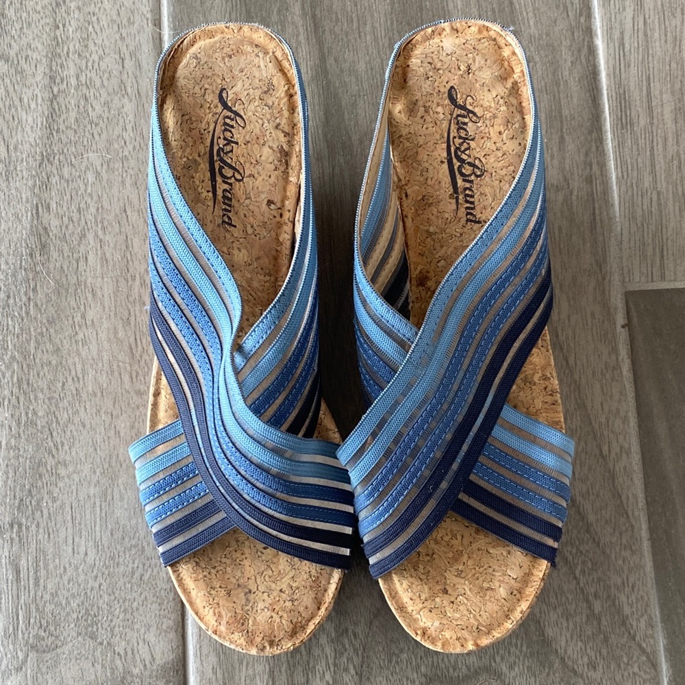 Lucky Brand Blue and Navy Striped Wedge Cork Slides